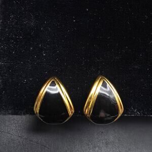 Monet Black Enamel Gold Tone Clip On Earrings VIntage Costume Jewelry